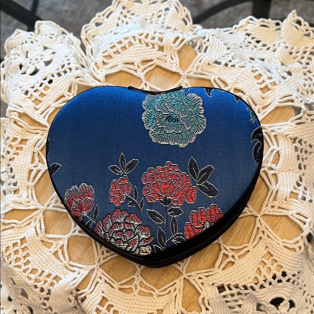 Floral Heart-Shaped Blue Jewelry Case